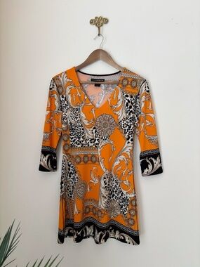 Eva Varro Vibrant Orange Designer Style Mobwife Tunic Top Medium